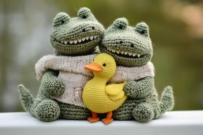 Two Crocheted Alligators Hugging A Small Yellow Duck