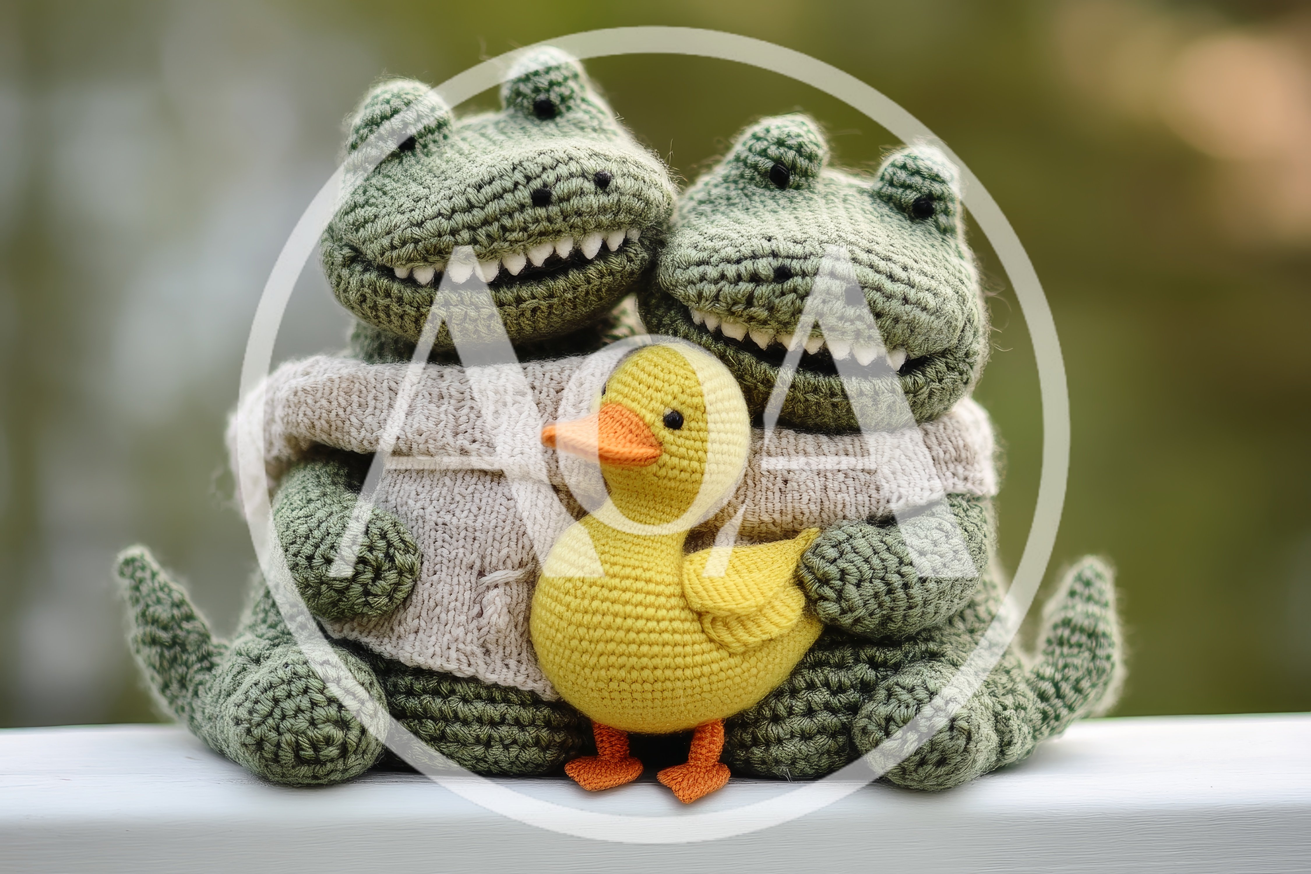 Two Crocheted Alligators Hugging A Small Yellow Duck