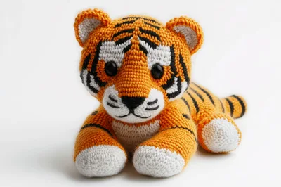Handmade Knitted Tiger Toy On White Background