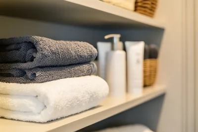 Stacked Towels And Toiletries On Bathroom Shelf