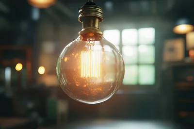 Glowing Vintage Edison Light Bulb Hanging In Interior