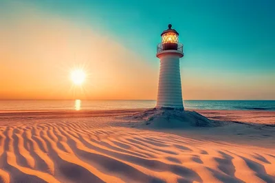 Lighthouse Standing On A Sandy Beach At Sunset