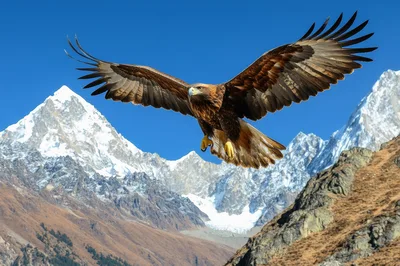 Golden Eagle Soaring Over Snowy Mountain Peaks