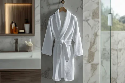 White Terry Cloth Bathrobe Hanging In Modern Bathroom