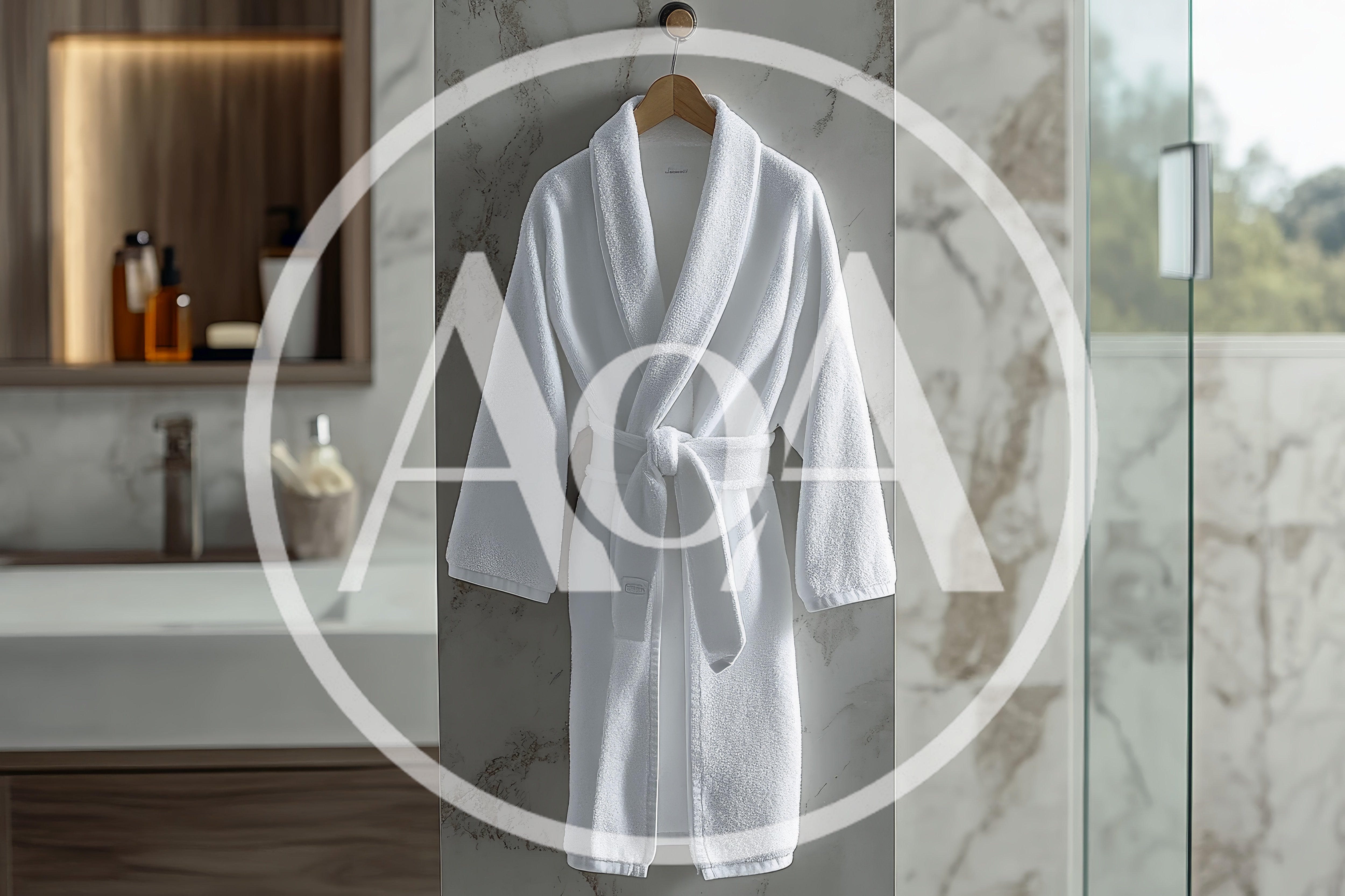 White Terry Cloth Bathrobe Hanging In Modern Bathroom