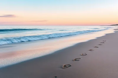 Footprints Leading Along A Serene Sandy Beach At Sunset