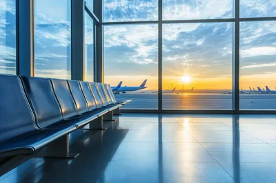 Empty Airport Terminal Waiting Area at Sunset