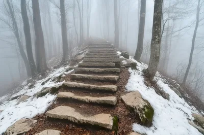 Stone Staircase Leading Through A Foggy Winter Forest