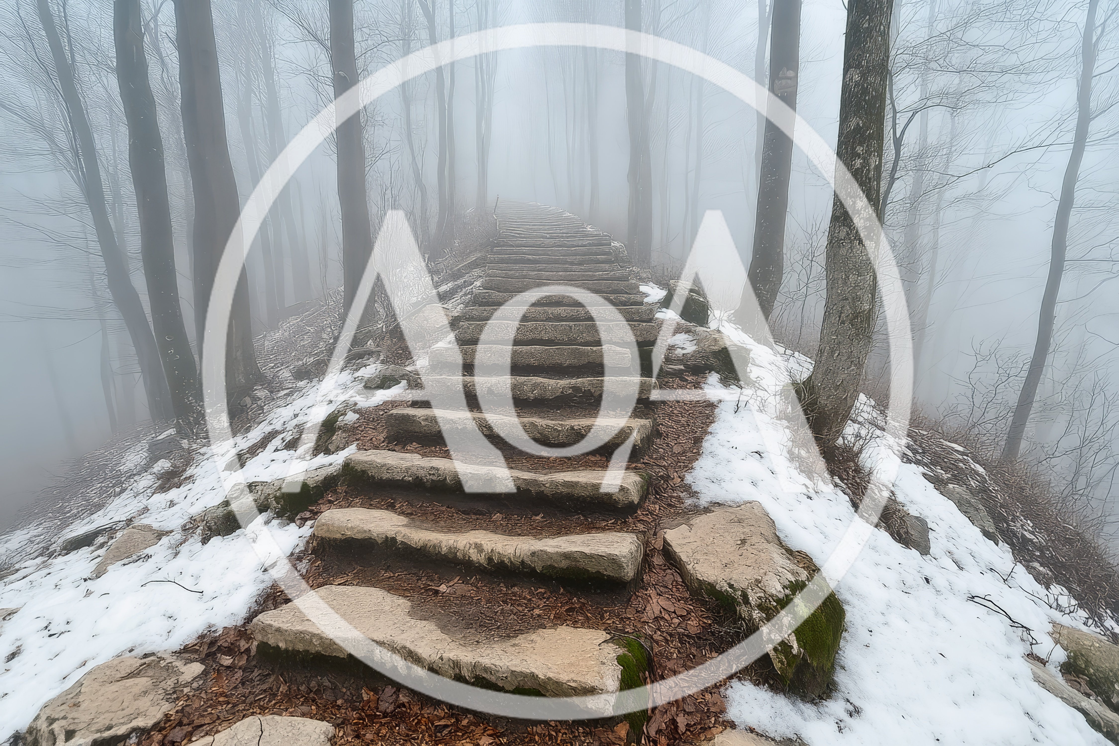 Stone Staircase Leading Through A Foggy Winter Forest