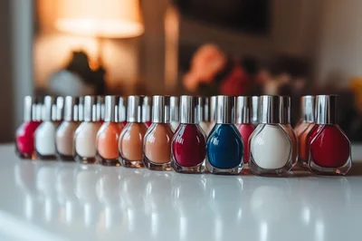 Row Of Colorful Nail Polish Bottles On White Surface