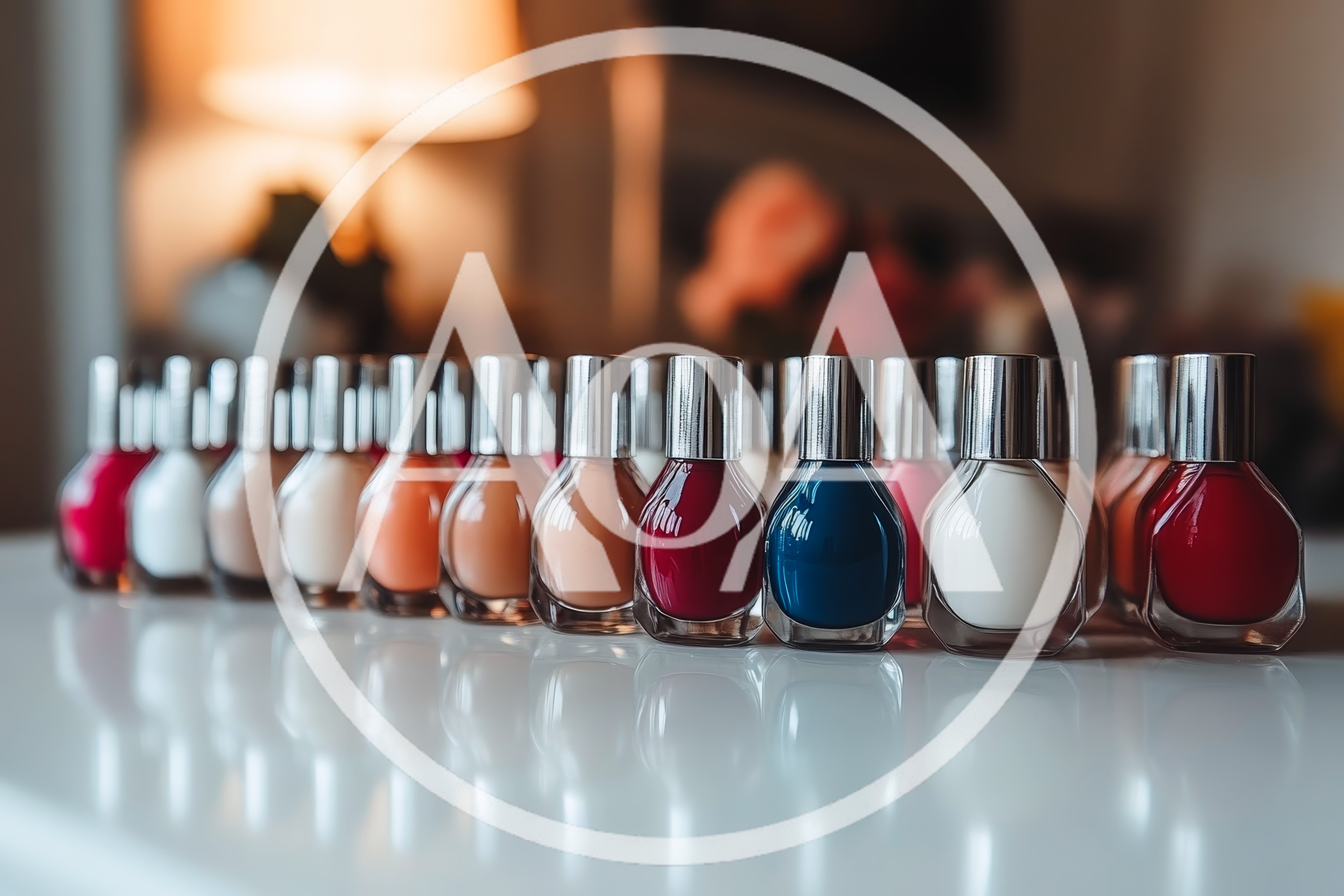 Row Of Colorful Nail Polish Bottles On White Surface