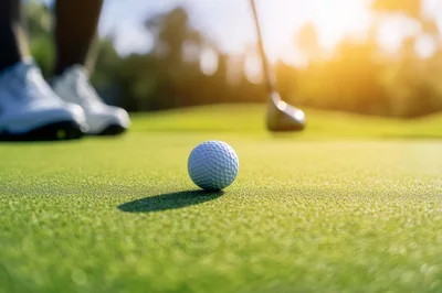 Golf Ball Resting On Green With Golfer In Background
