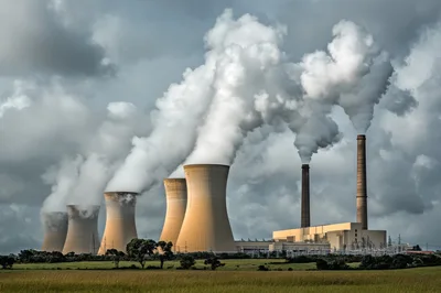 Coal Power Plant With Cooling Towers And Smoke Stacks