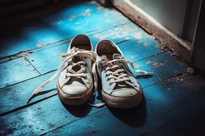 Worn White Canvas Sneakers On Blue Wooden Floor
