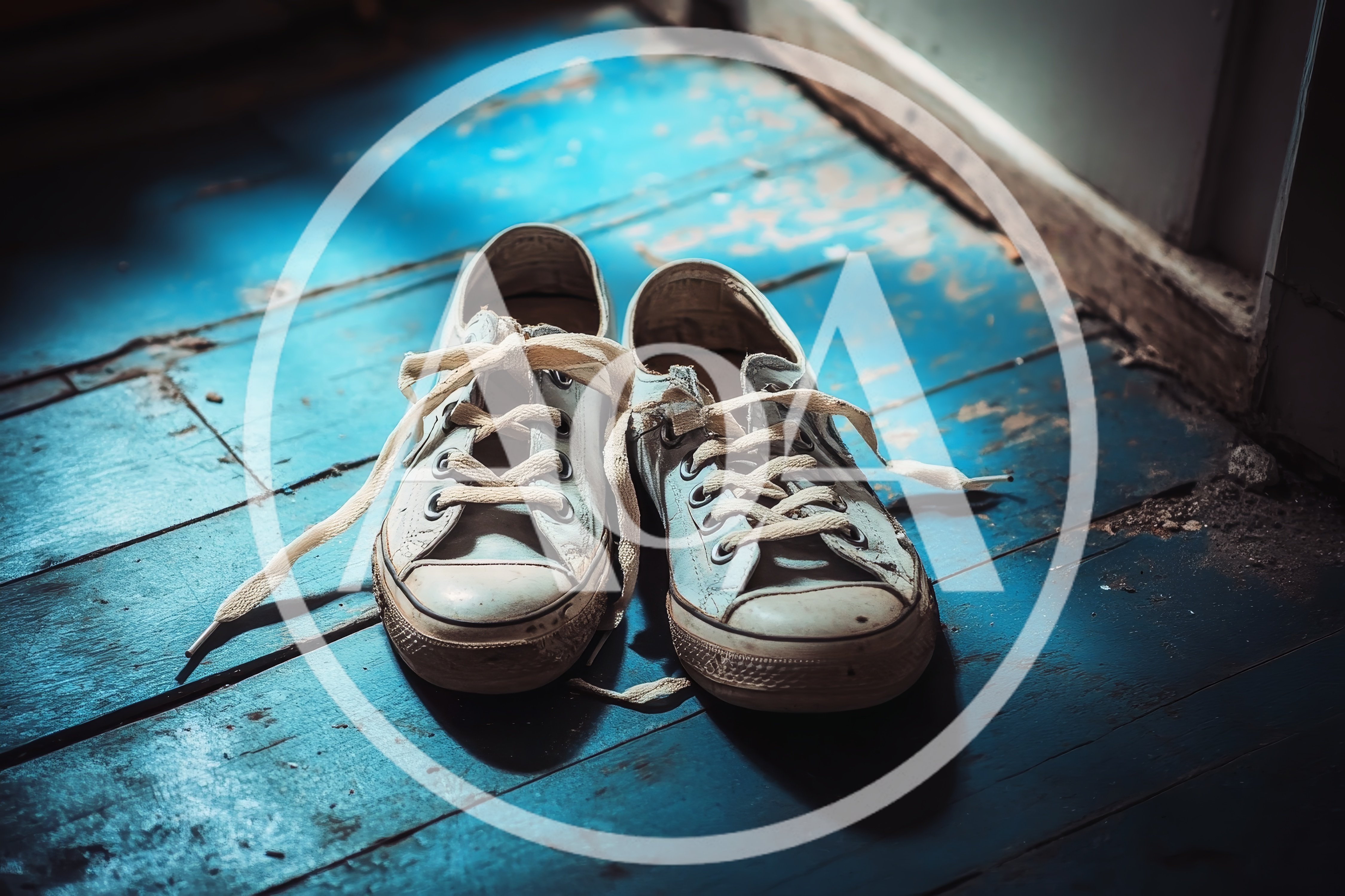 Worn White Canvas Sneakers On Blue Wooden Floor