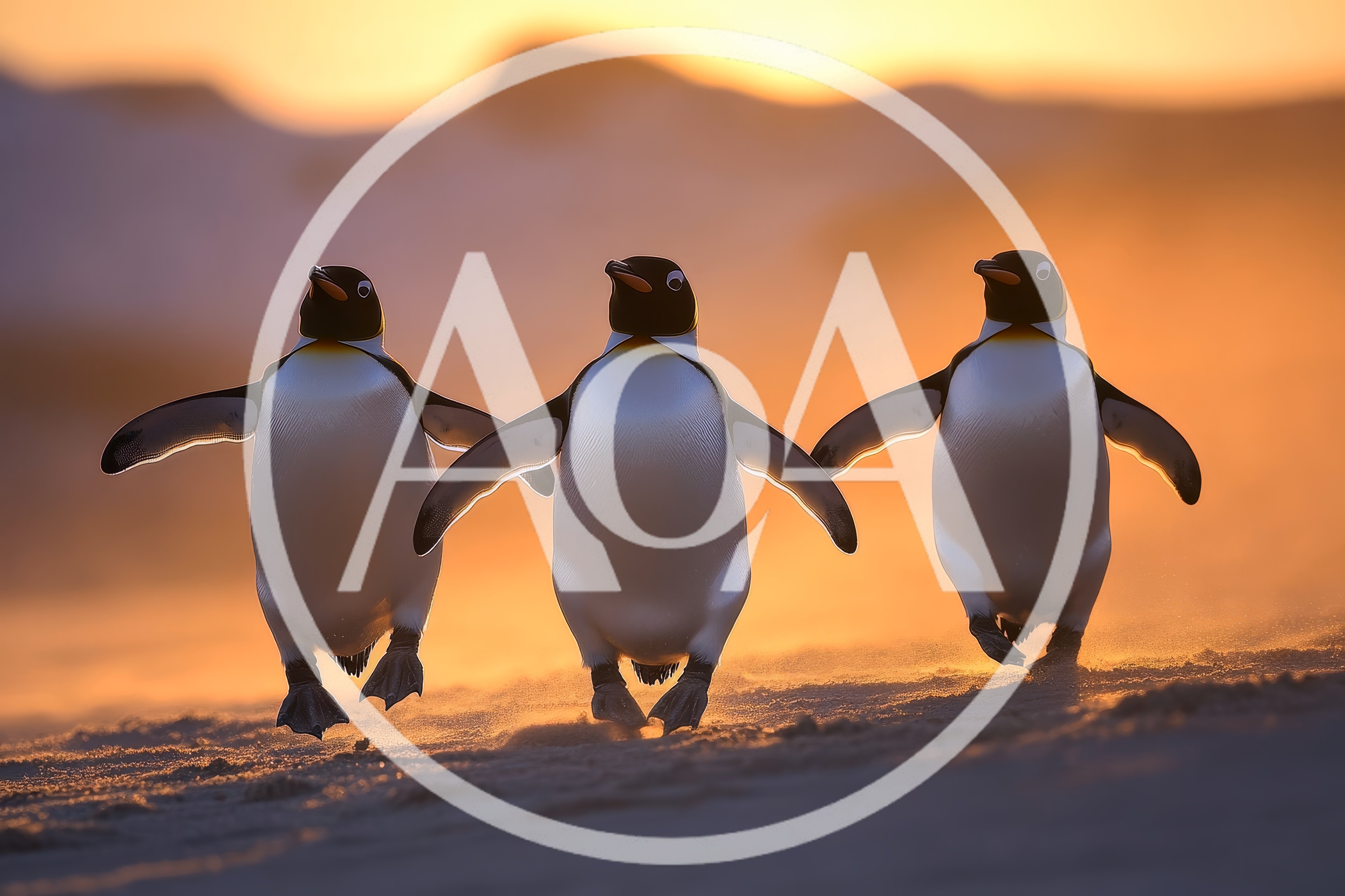 Three Penguins Running Together On A Sandy Beach