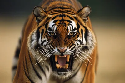 Aggressive Tiger Snarling With Mouth Open