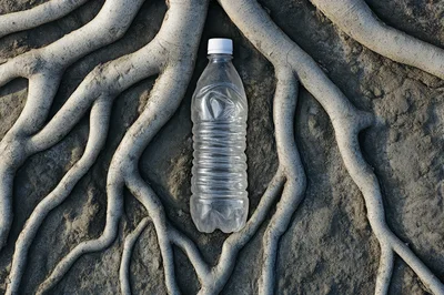 Empty Plastic Water Bottle On Tree Roots