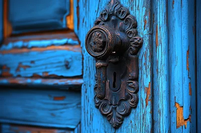 Ornate Antique Door Handle On Weathered Blue Wood