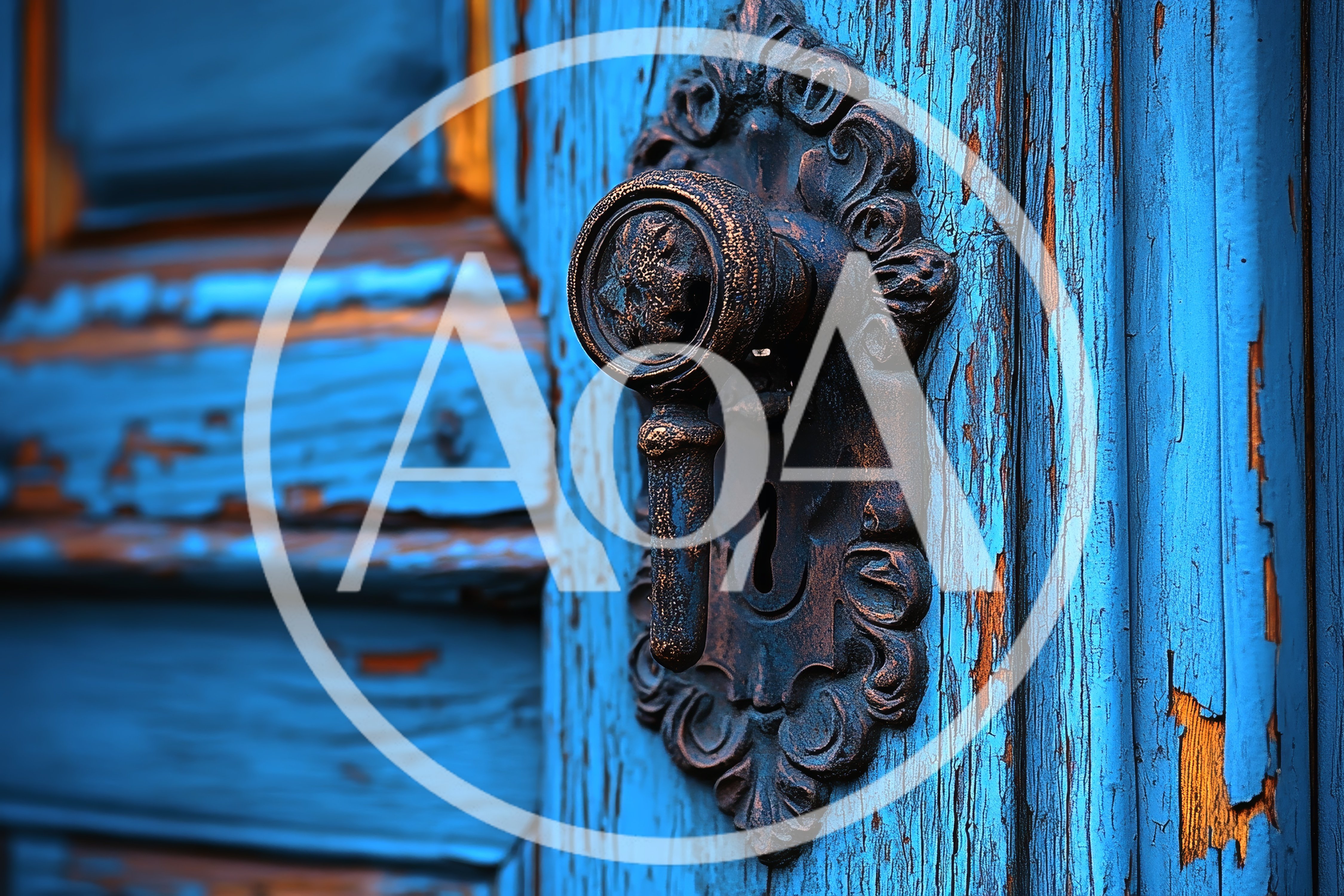 Ornate Antique Door Handle On Weathered Blue Wood