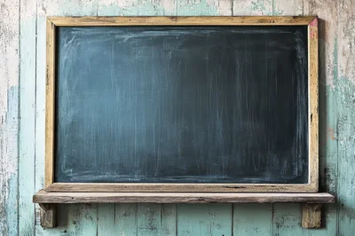 Empty Vintage Chalkboard With Wooden Frame And Shelf