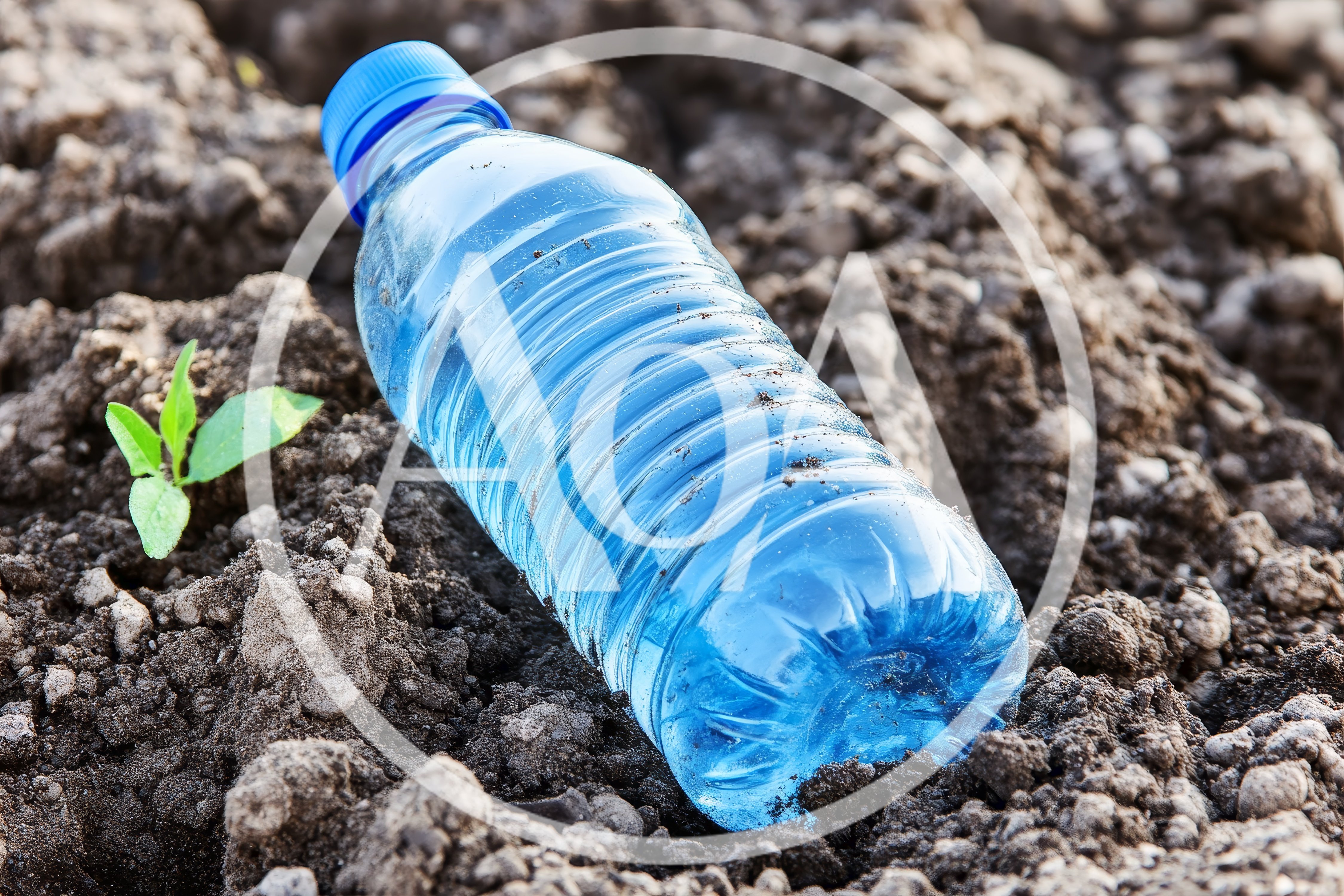 Plastic Water Bottle Discarded in Soil Near Sprout