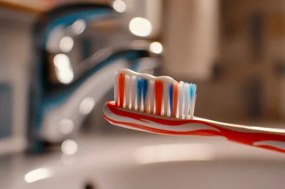Toothbrush With Toothpaste In A Bathroom Setting