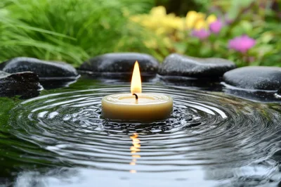 Floating Candle With Ripples In A Garden Pond