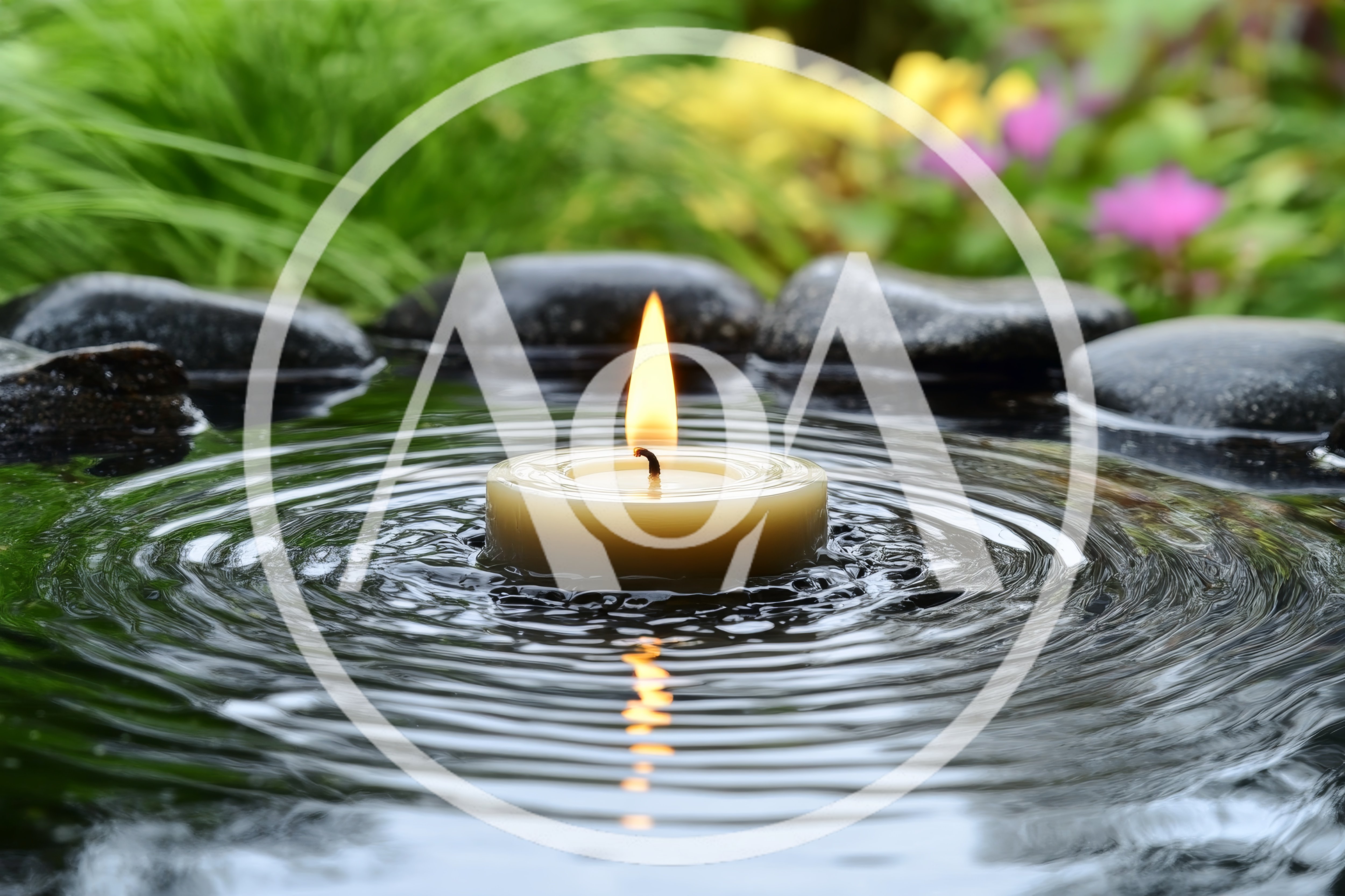 Floating Candle With Ripples In A Garden Pond