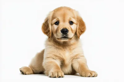 Adorable Golden Retriever Puppy Sitting On White Background