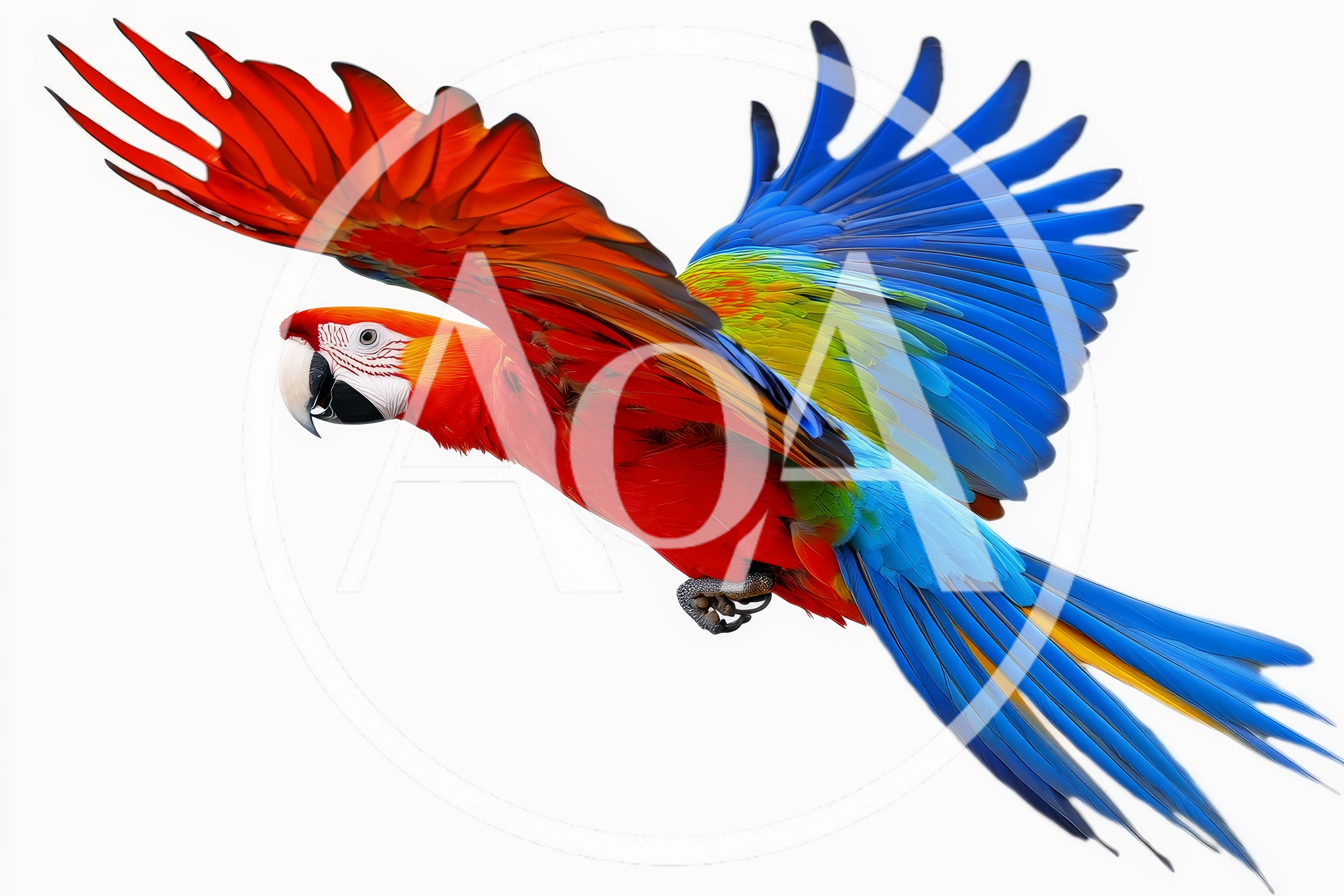 Scarlet Macaw Flying With Wings Spread Wide