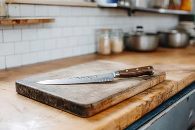 Professional Chef Knife Resting On A Wooden Cutting Board