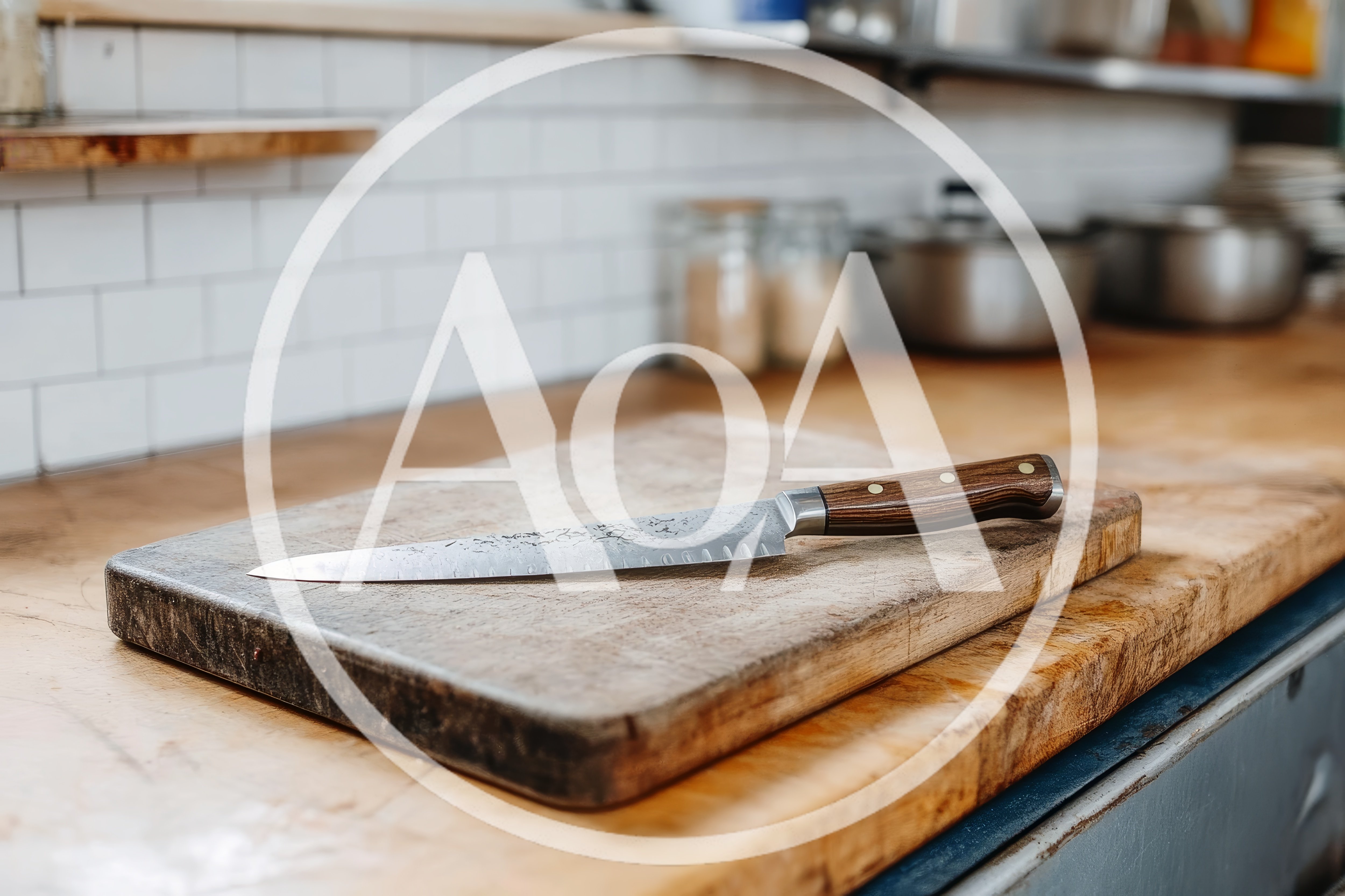 Professional Chef Knife Resting On A Wooden Cutting Board