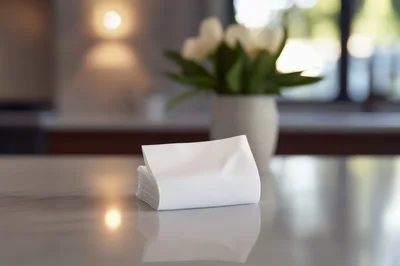 Stack Of White Paper Napkins On Marble Countertop