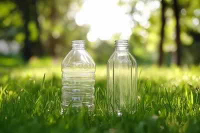 Two Empty Plastic Bottles Standing In Green Grass