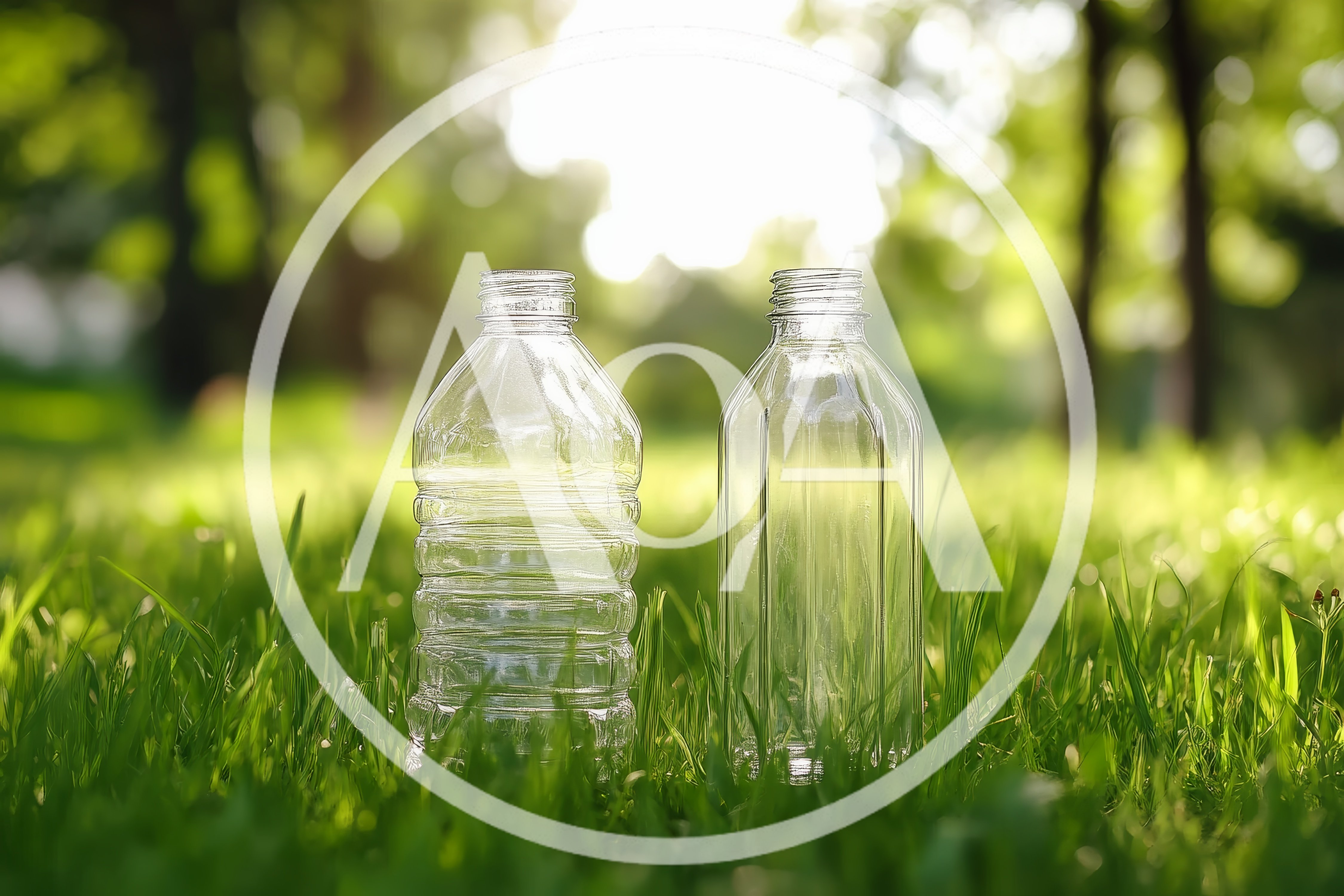 Two Empty Plastic Bottles Standing In Green Grass