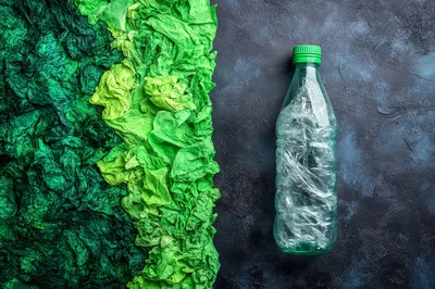 Plastic Bottle With Crumpled Green Paper Background