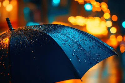 Raindrops On A Dark Umbrella At Night