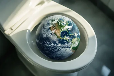 Planet Earth Sitting Inside A White Toilet Bowl