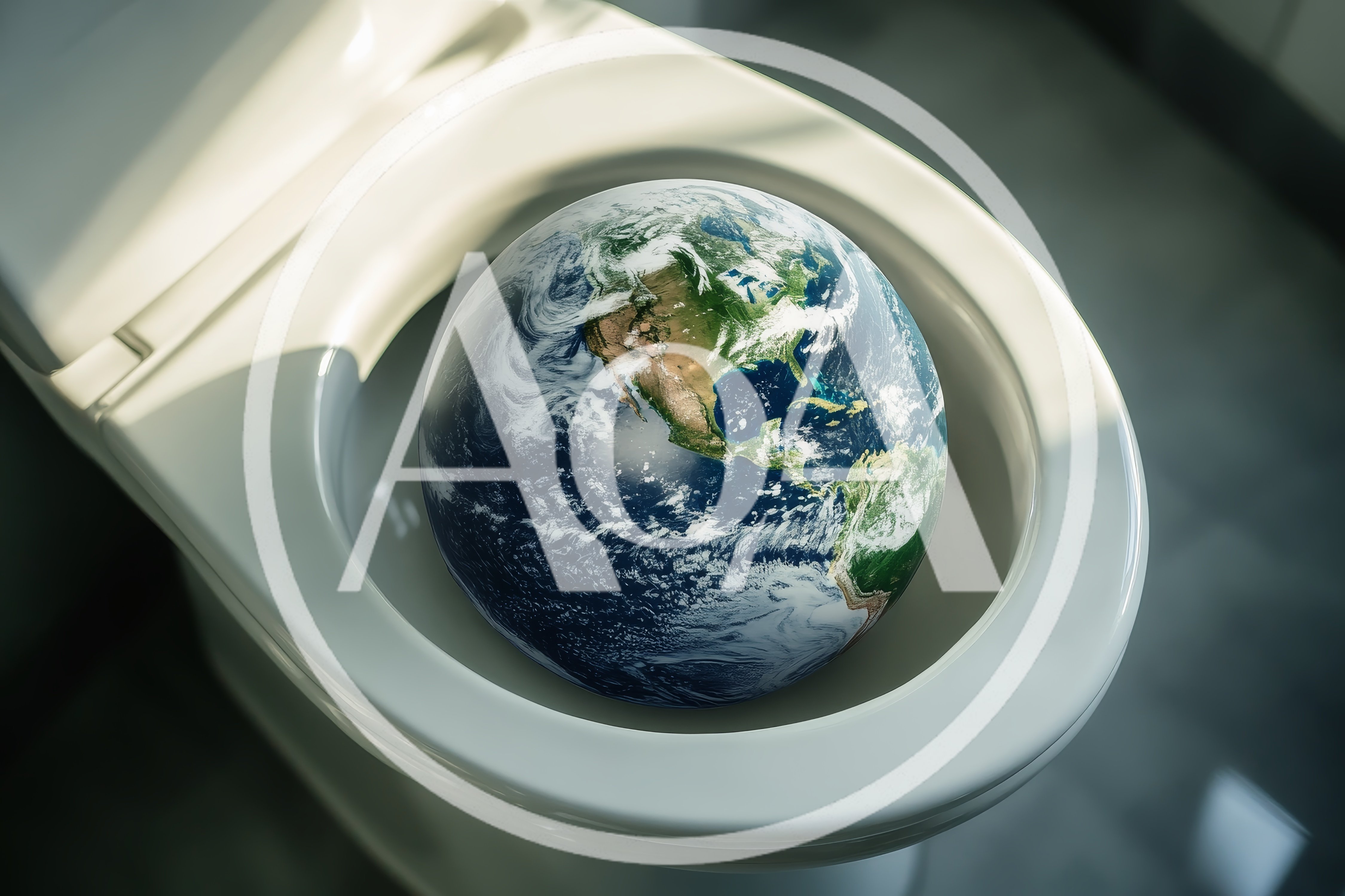 Planet Earth Sitting Inside A White Toilet Bowl
