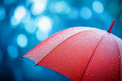Red Umbrella Covered In Raindrops Against Blue Bokeh Background
