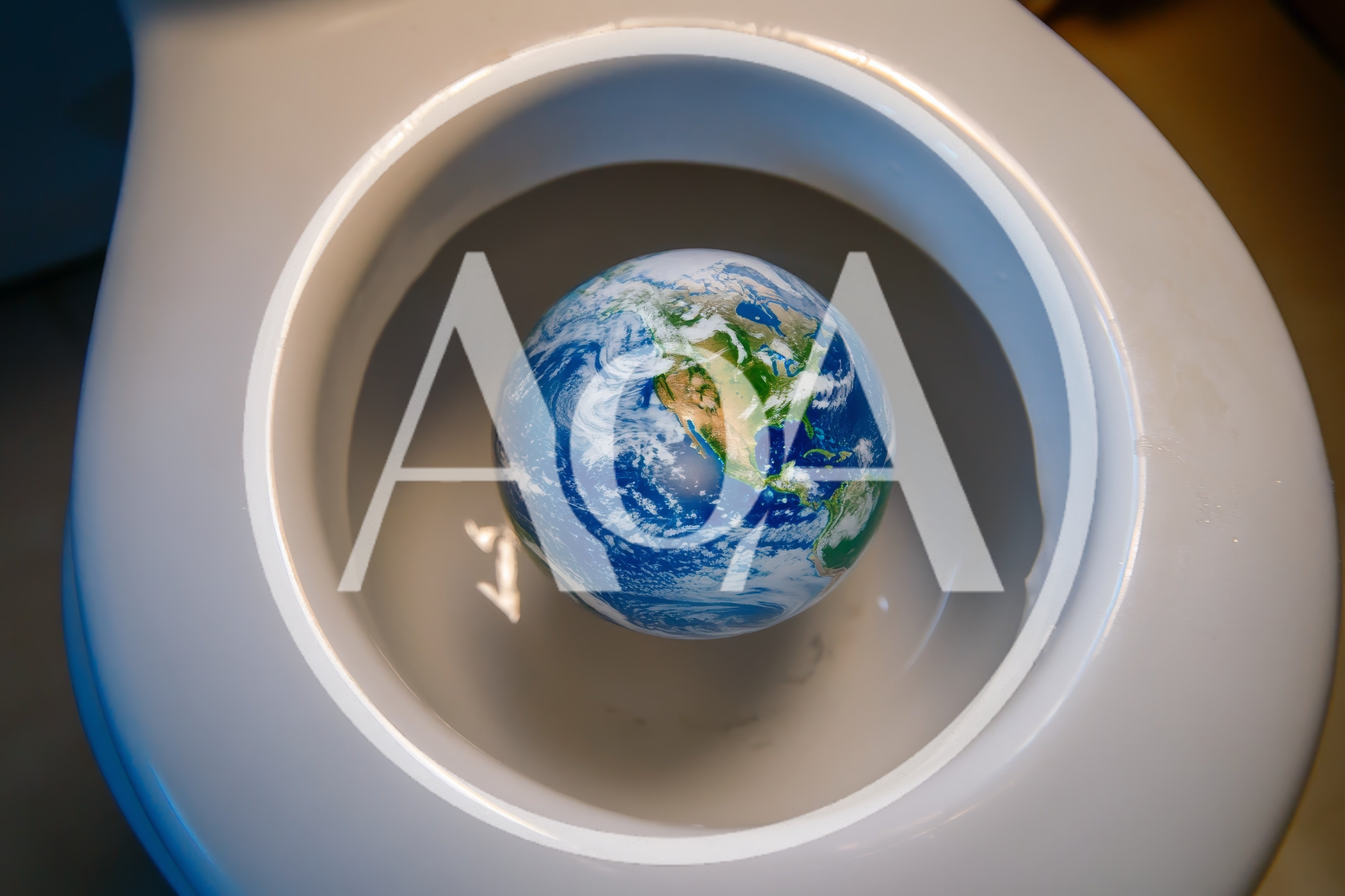 Planet Earth Floating Inside A White Toilet Bowl