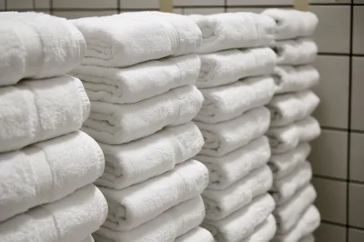 Stacks Of Clean White Towels In A Hotel
