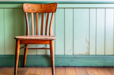 Vintage Wooden Chair Against Pastel Green Wall