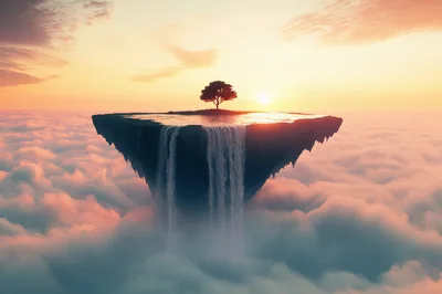Floating Island With Waterfall Above The Clouds
