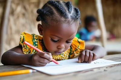 Young African Girl Writing With A Red Pencil