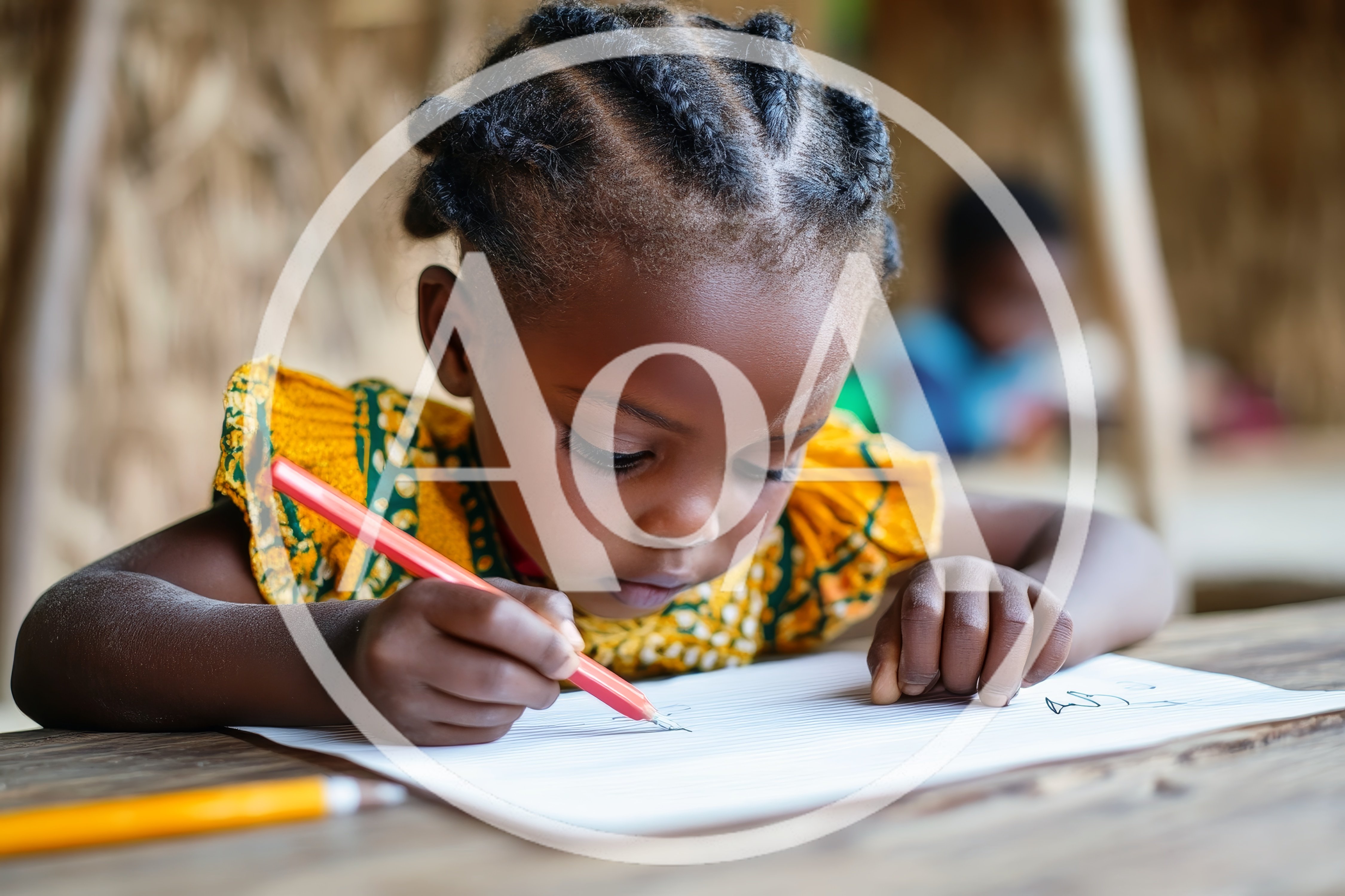 Young African Girl Writing With A Red Pencil