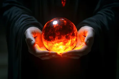 Mysterious Figure Holding A Glowing Fiery Crystal Sphere