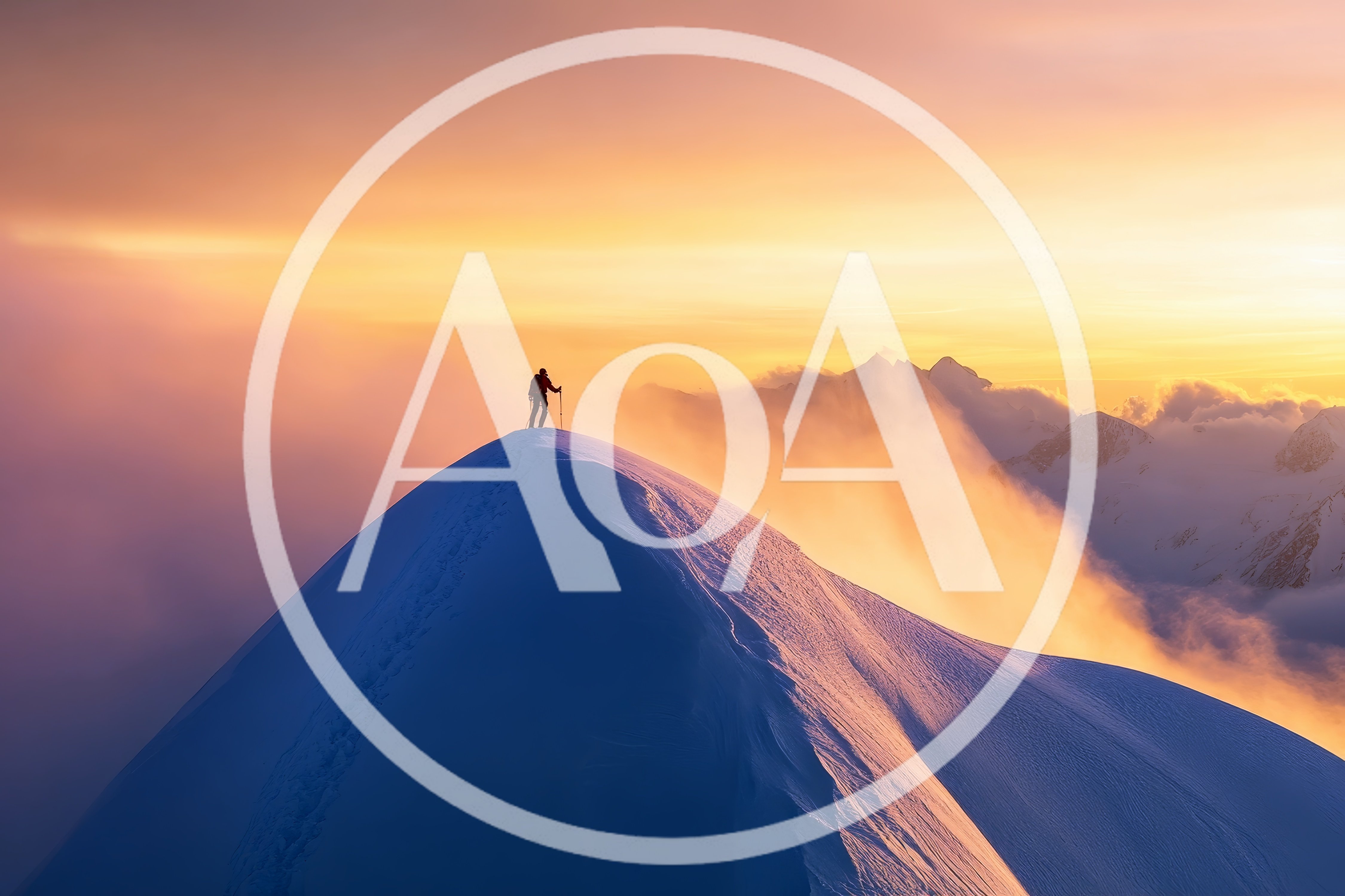 Mountaineer Standing On A Snowy Mountain Peak At Sunset