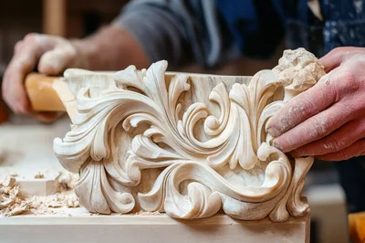 Artisan Woodworker Carving Intricate Floral Ornament